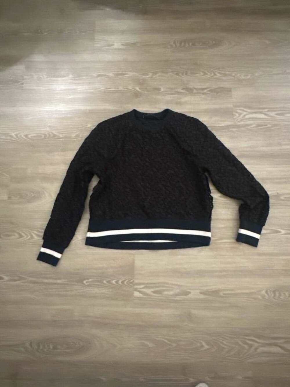 Zara Navy Blue Lace Long Sleeve Pullover Sweater with Striped Trim